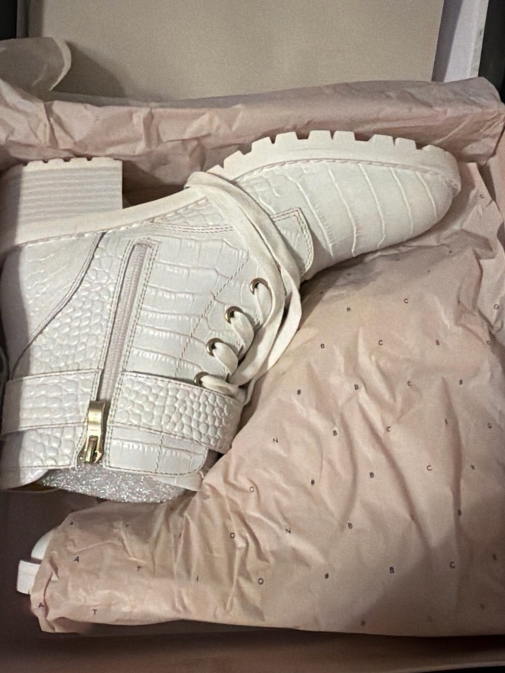 BCBGeneration White Croc-Embossed Lace-Up Ankle Boots with Side Zip